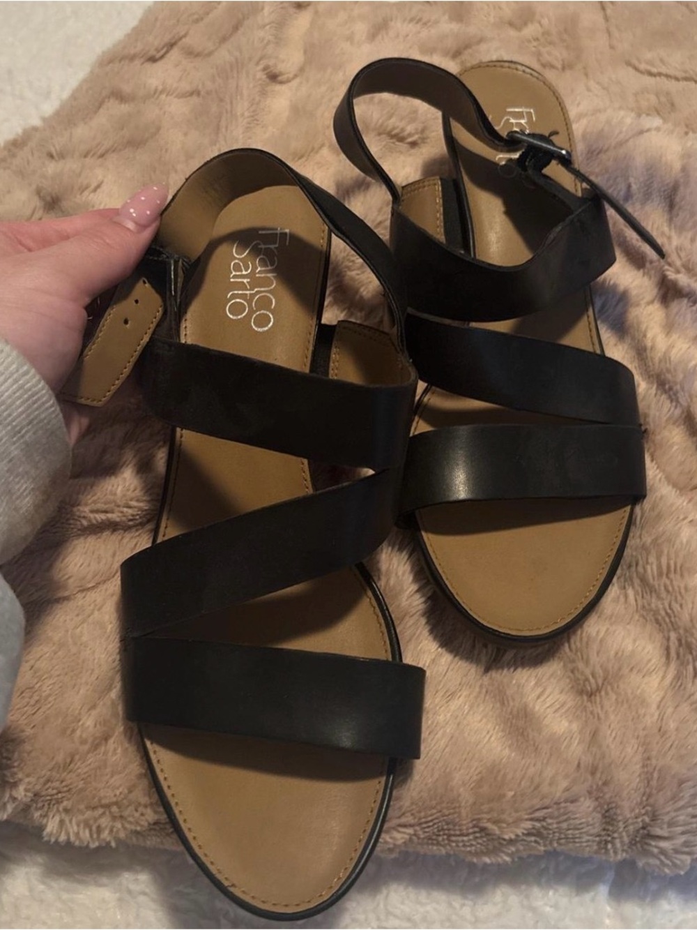 Franco Sarto Black Leather Multi-Strap Slingback Sandals